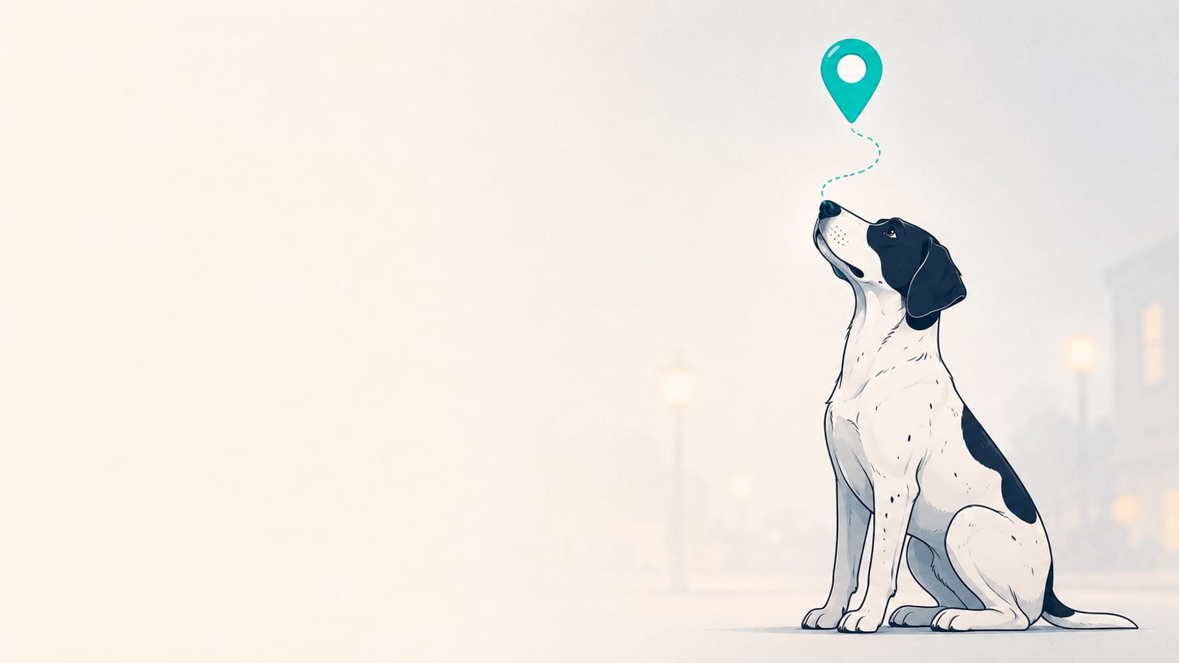 Sophie, a pointer hound, sitting with her nose lifted toward a teal map pin floating just above it