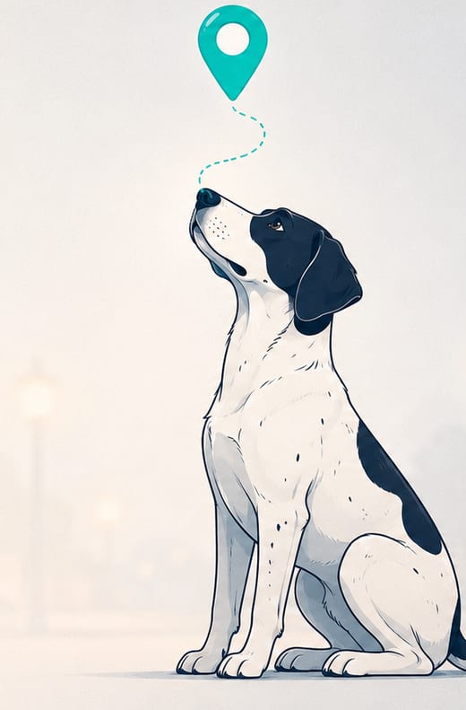 Sophie, a pointer hound, sitting with her nose lifted toward a teal map pin